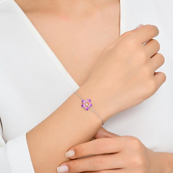 Fairy Tales Mor Çicek Tasarımlı Mineli Gümüş Bileklik