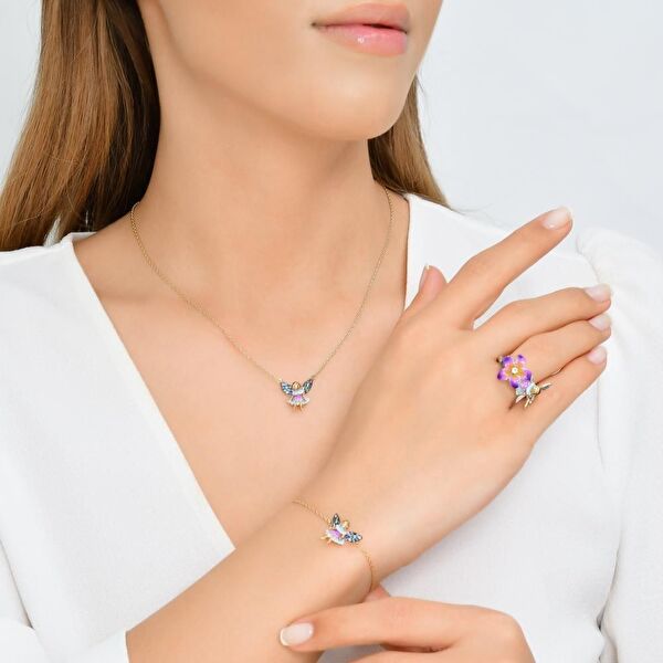 Fairy Tales Turkuaz-Mor Elbiseli Su Perisi Tasarımlı Gümüş Bileklik