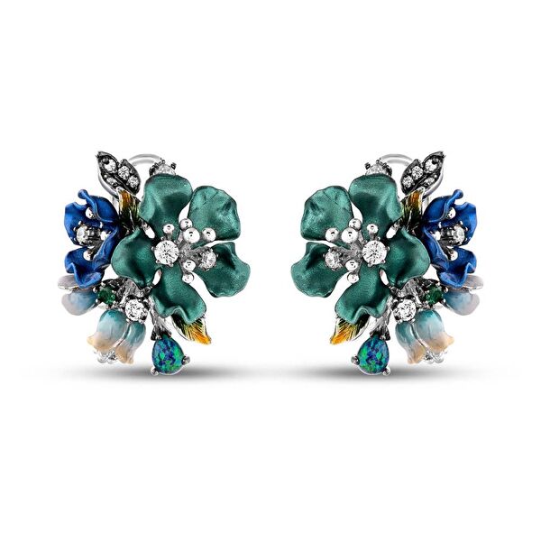 Primrose Yeşil Çiçek Tasarımlı Model-3 Mineli Gümüş Küpe