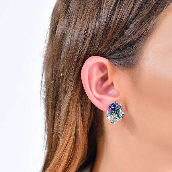 Primrose Yeşil Çiçek Tasarımlı Model-3 Mineli Gümüş Küpe