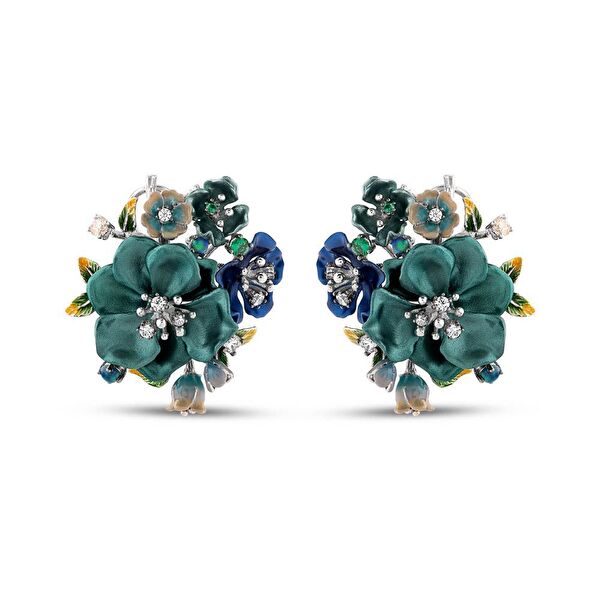 Primrose Yeşil Çiçek Tasarımlı Model-2 Mineli Gümüş Küpe