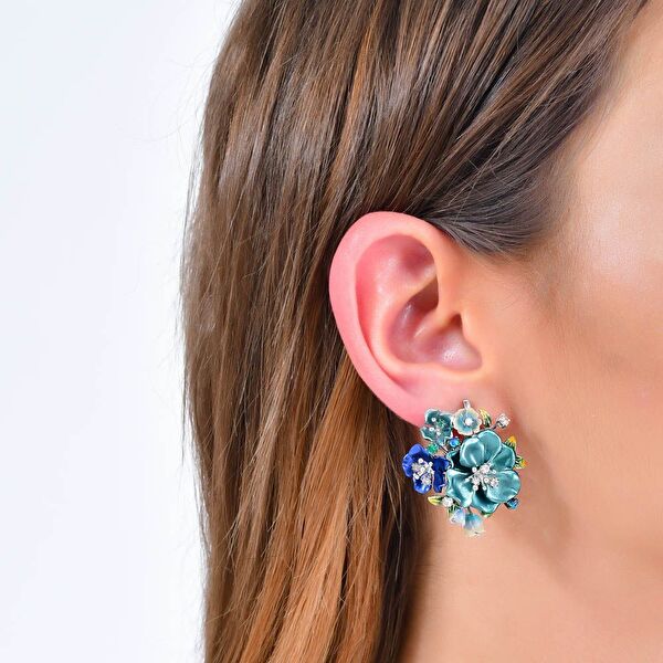 Primrose Yeşil Çiçek Tasarımlı Model-2 Mineli Gümüş Küpe