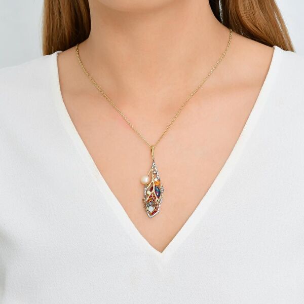 Spider Model-2 Zincirli Sarı Rodyumlu Gümüş Kolye