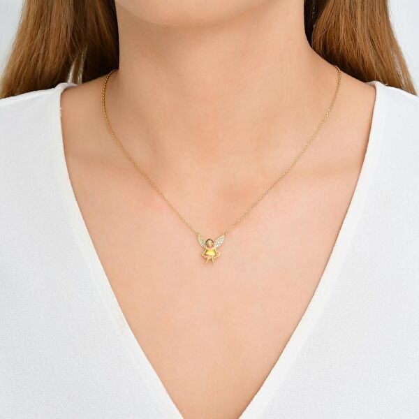 Fairy Tales Pembe-Sarı Elbiseli Su Perisi Tasarımlı Gümüş Kolye