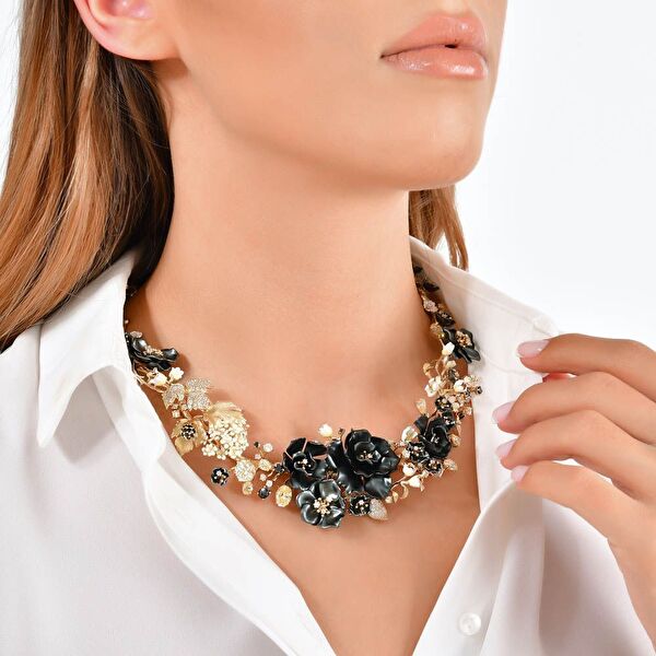 Primrose Siyah Çiçek Tasarımlı Model-2 Mineli Gümüş Kolye