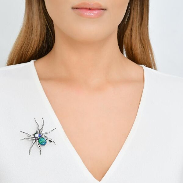 Spider Model-4 Opalit Taşlı Siyah Rodyumlu Kolye & Broş