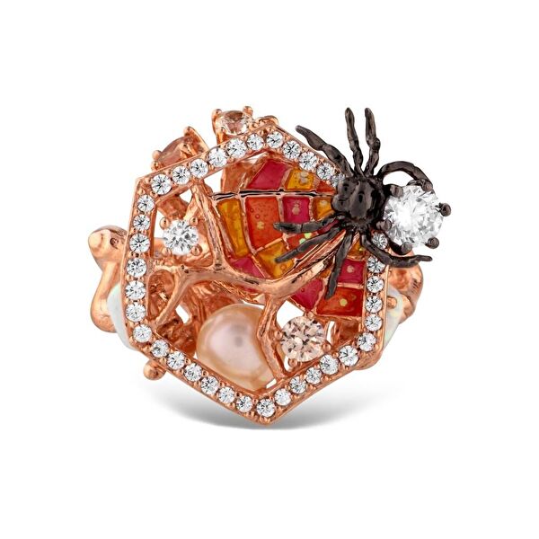 Spider Model-1 Rose Rodyumlu Gümüş Yüzük