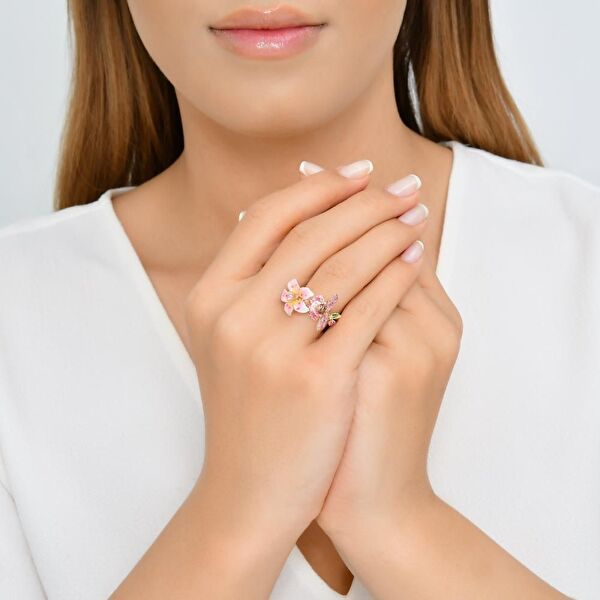 Fairy Tales Pembe Çicek ve Su Perili Mineli Model-1 Gümüş Yüzük