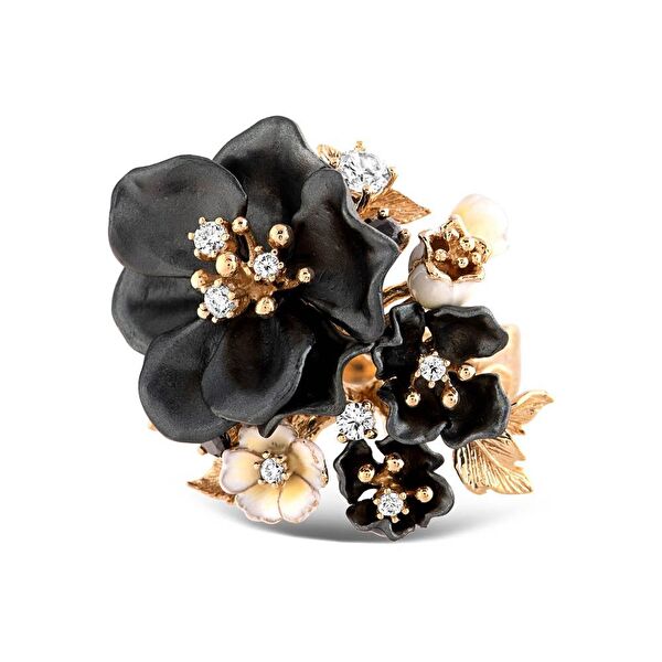 Primrose Siyah Çiçek Tasarımlı Model-2 Mineli Gümüş Yüzük