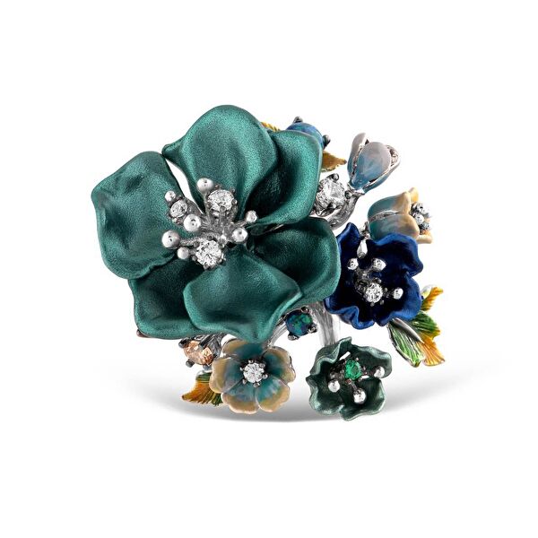 Primrose Yeşil Çiçek Tasarımlı Model-2 Mineli Gümüş Yüzük