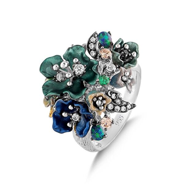 Primrose Yeşil Çiçek Tasarımlı Model-3 Mineli Gümüş Yüzük