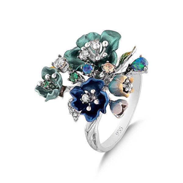 Primrose Yeşil Çiçek Tasarımlı Model-1 Mineli Gümüş Yüzük