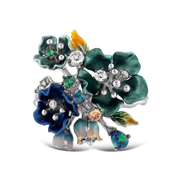 Primrose Yeşil Çiçek Tasarımlı Model-1 Mineli Gümüş Yüzük