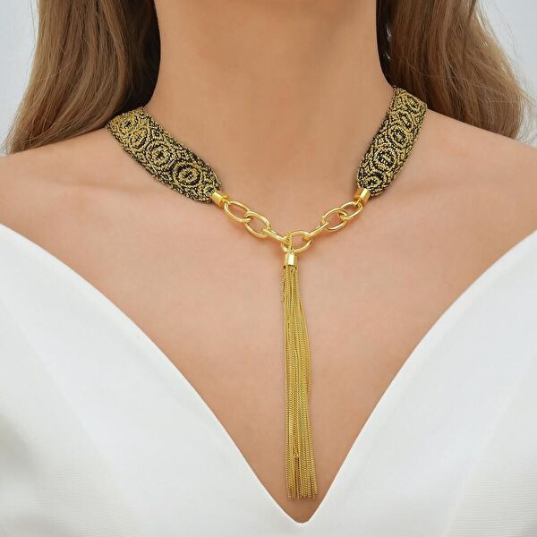 Silk Road Örgü Zincir Saçaklı İnce Altın Renkli Gümüş Kolye