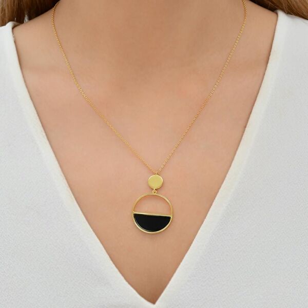 Lucky Gems Model-5 Oniks Taşlı Altın Renkli Gümüş Kolye