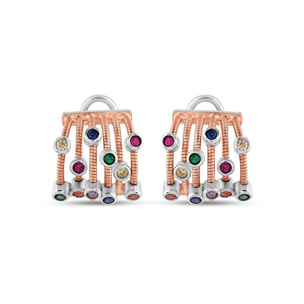 Rainbow Çoklu Baget Kesim Rose Altın Renkli Gümüş Küpe