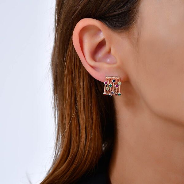 Rainbow Çoklu Baget Kesim Rose Altın Renkli Gümüş Küpe