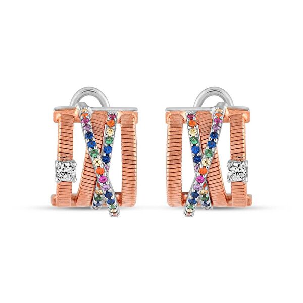 Rainbow Çoklu Çarpraz Baget Kesim Rose Altın Renkli Gümüş Küpe