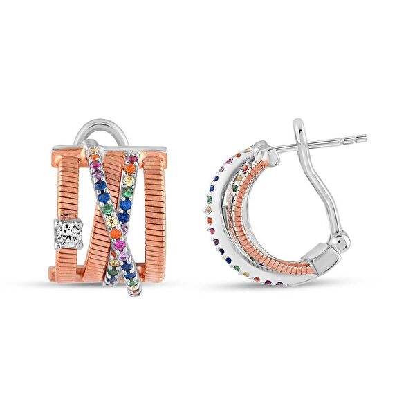 Rainbow Çoklu Çarpraz Baget Kesim Rose Altın Renkli Gümüş Küpe