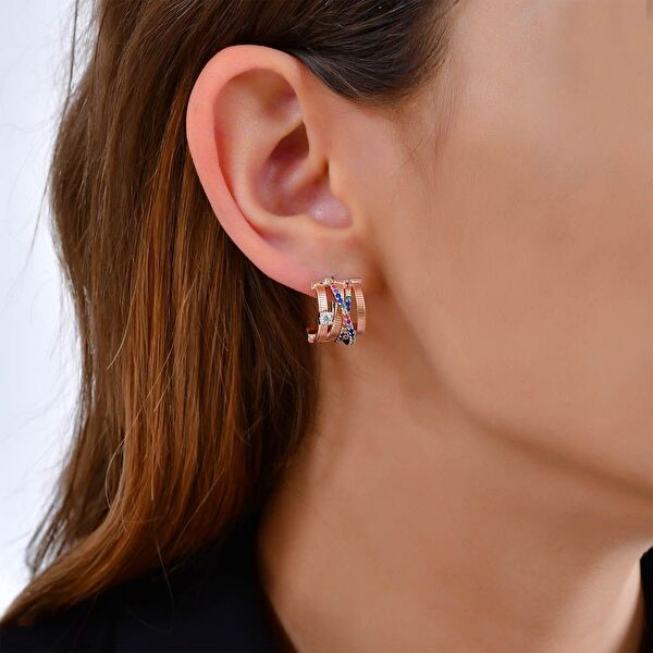 Rainbow Çoklu Çarpraz Baget Kesim Rose Altın Renkli Gümüş Küpe