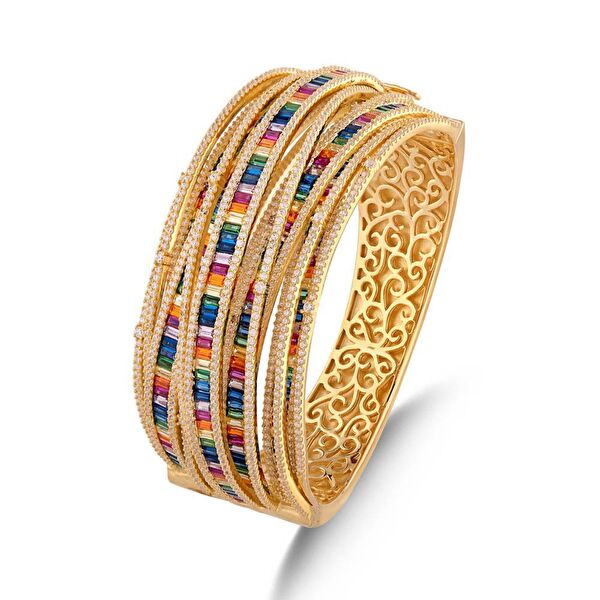 Rainbow Helezonik Baget Kesim Yeşil Altın Renkli Gümüş Bileklik