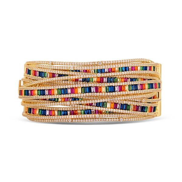 Rainbow Helezonik Baget Kesim Yeşil Altın Renkli Gümüş Bileklik