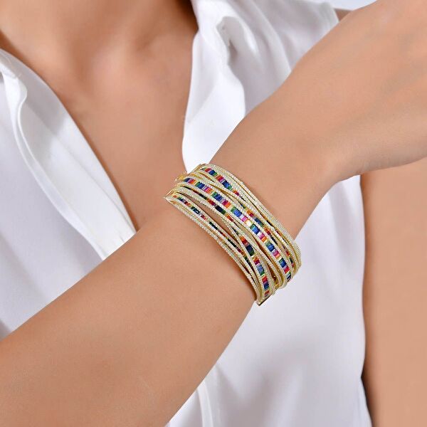 Rainbow Helezonik Baget Kesim Yeşil Altın Renkli Gümüş Bileklik