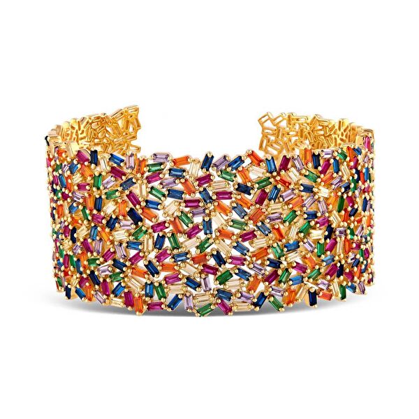 Rainbow Baget Kesim Kalın Yeşil Altın Renkli Gümüş Bileklik