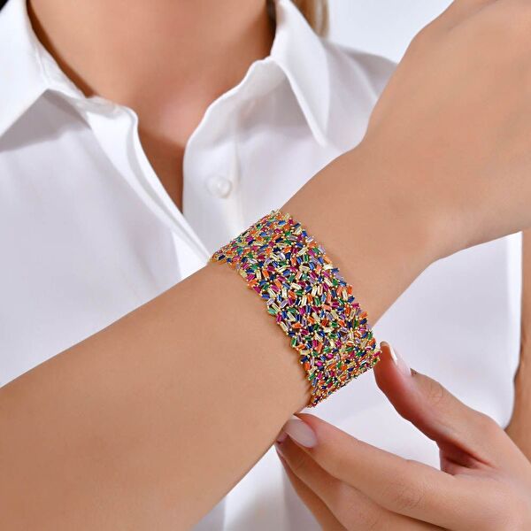 Rainbow Baget Kesim Kalın Yeşil Altın Renkli Gümüş Bileklik