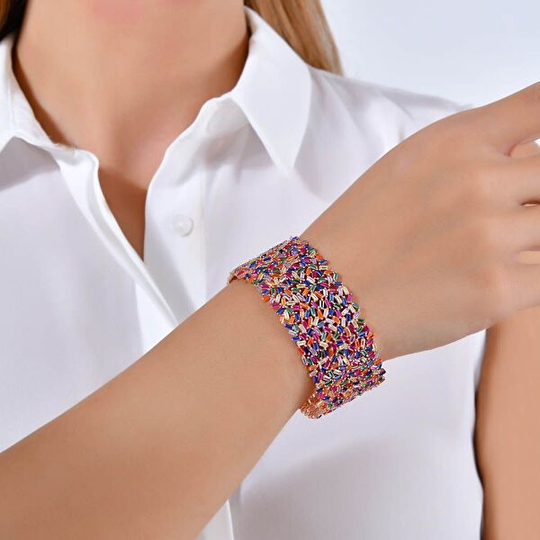 Rainbow Baget Kesim Kalın Rose Altın Renkli Gümüş Bileklik
