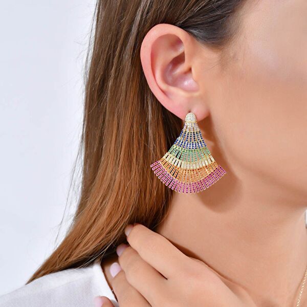 Rainbow Yelpaze Baget Kesim Yeşil Altın Renkli Gümüş Küpe