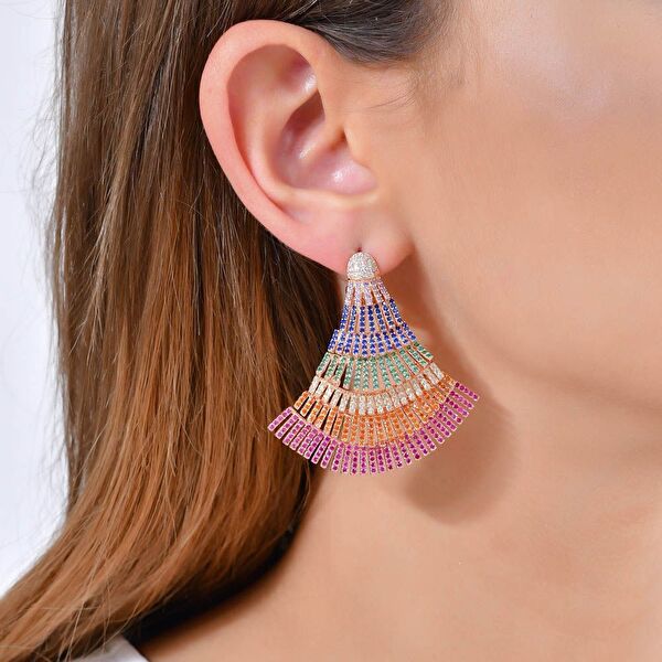 Rainbow Yelpaze Baget Kesim Rose Altın Renkli Gümüş Küpe