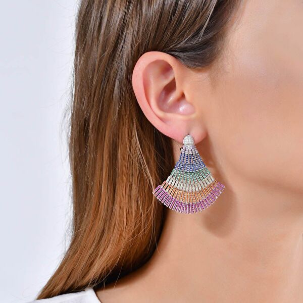 Rainbow Yelpaze Baget Kesim Gümüş Küpe