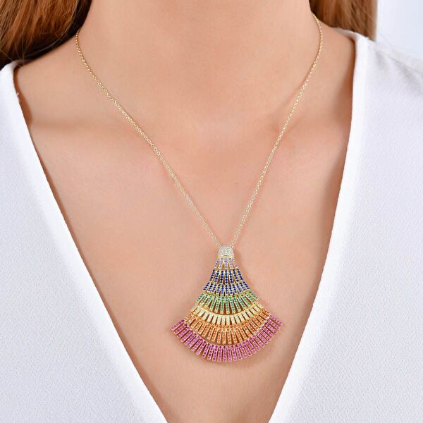 Rainbow Yelpaze Baget Kesim Yeşil Altın Renkli Gümüş Kolye