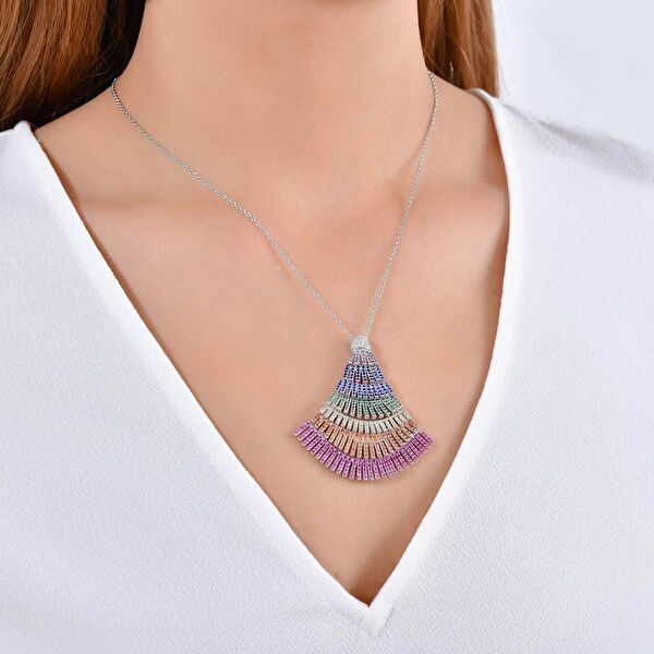 Rainbow Yelpaze Baget Kesim Gümüş Kolye