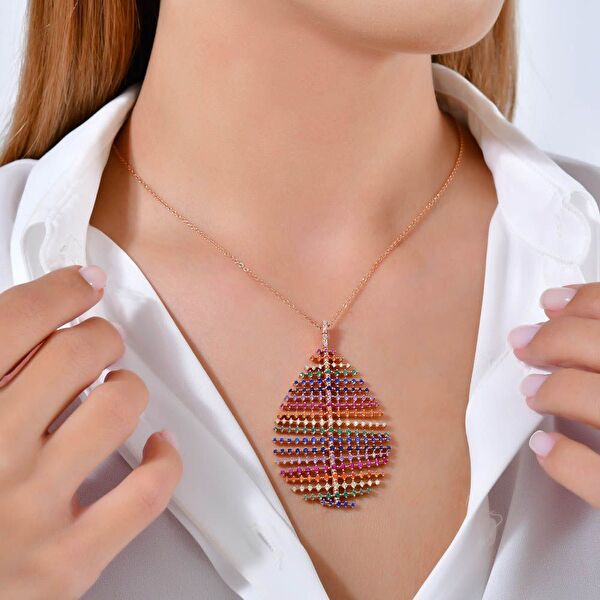 Rainbow Damla Baget Kesim Rose Altın Renkli Gümüş Kolye