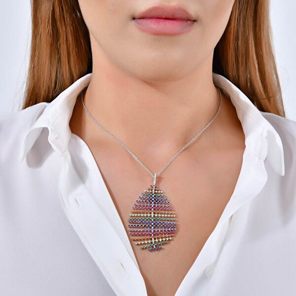 Rainbow Damla Baget Kesim Gümüş Kolye