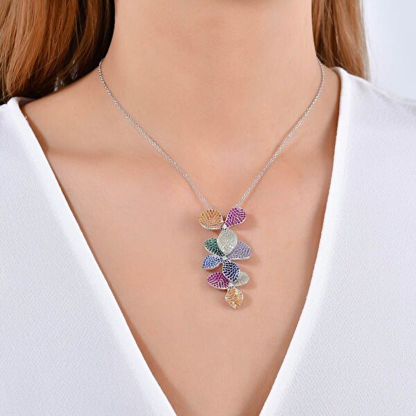 Rainbow Çiçek Tasarımlı Baget Kesim Gümüş Kolye