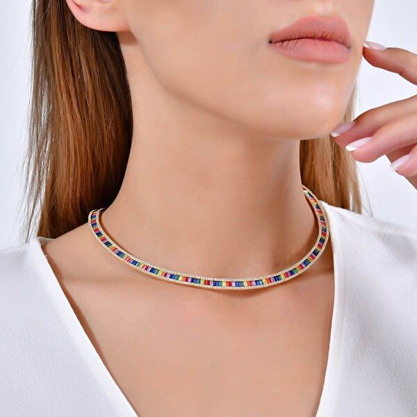 Rainbow Tamtur Baget Kesim Rose Altın Renkli Gümüş Kolye