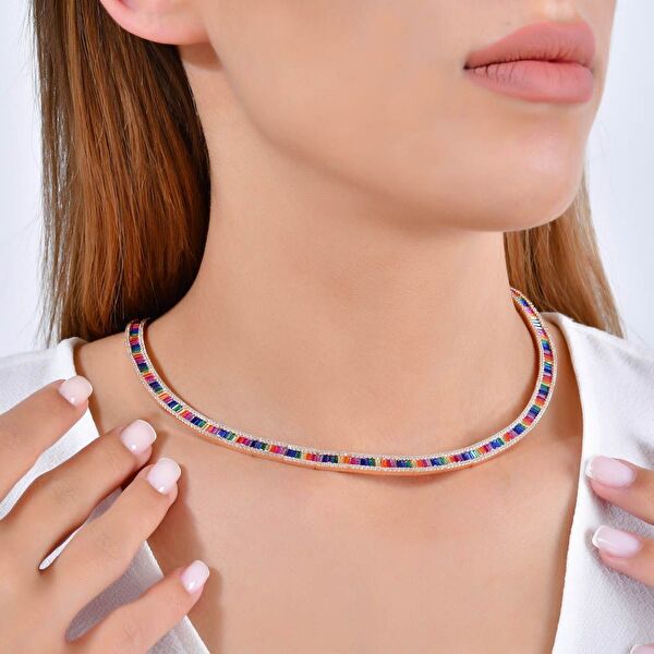 Rainbow Tamtur Baget Kesim Rose Altın Renkli Gümüş Kolye