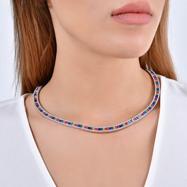 Rainbow Tamtur Baget Kesim Gümüş Kolye