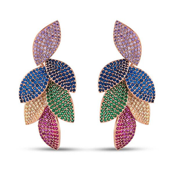 Rainbow Yaprak Baget Kesim Rose Altın Renkli Gümüş Küpe