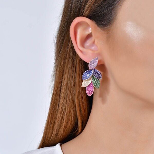 Rainbow Yaprak Baget Kesim Rose Altın Renkli Gümüş Küpe