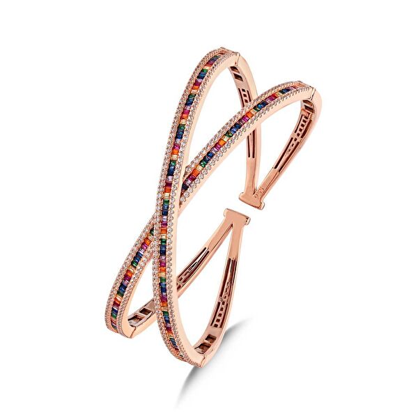 Rainbow Çarpraz Baget Kesim Rose Altın Renkli Gümüş Bileklik