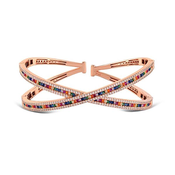Rainbow Çarpraz Baget Kesim Rose Altın Renkli Gümüş Bileklik