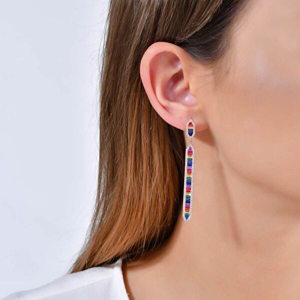 Rainbow Dizili Baget Kesim Rose Altın Renkli Gümüş Küpe