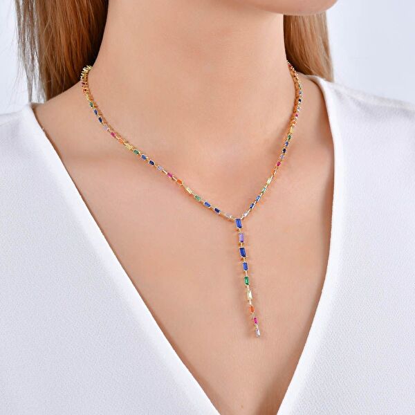 Rainbow Salkım Baget Kesim Yeşil Altın Renkli Gümüş Kolye