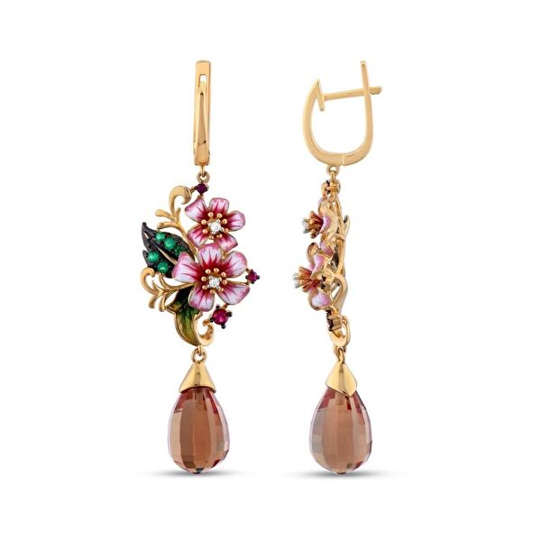 Zultanite Model-1 Çiçek ve Kuş Figürlü Mineli Gümüş Küpe