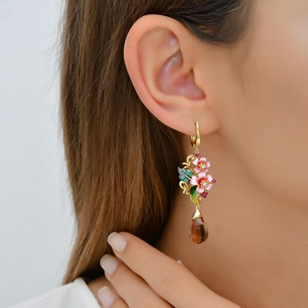 Zultanite Model-1 Çiçek ve Kuş Figürlü Mineli Gümüş Küpe