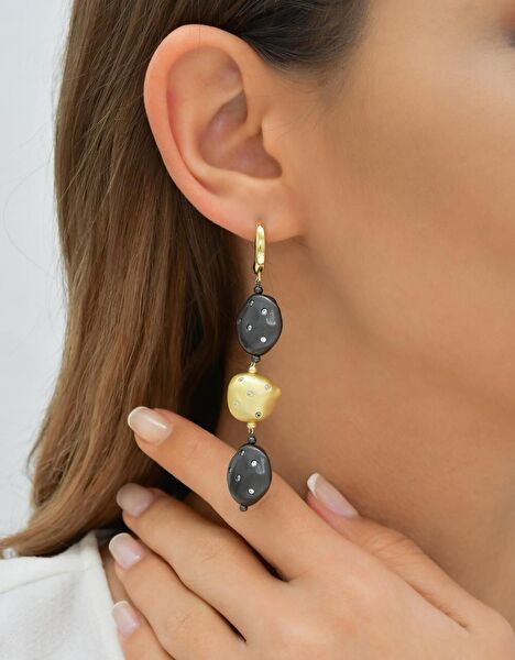 Clouds Amorf Siyah-Altın Renk Gümüş Küpe